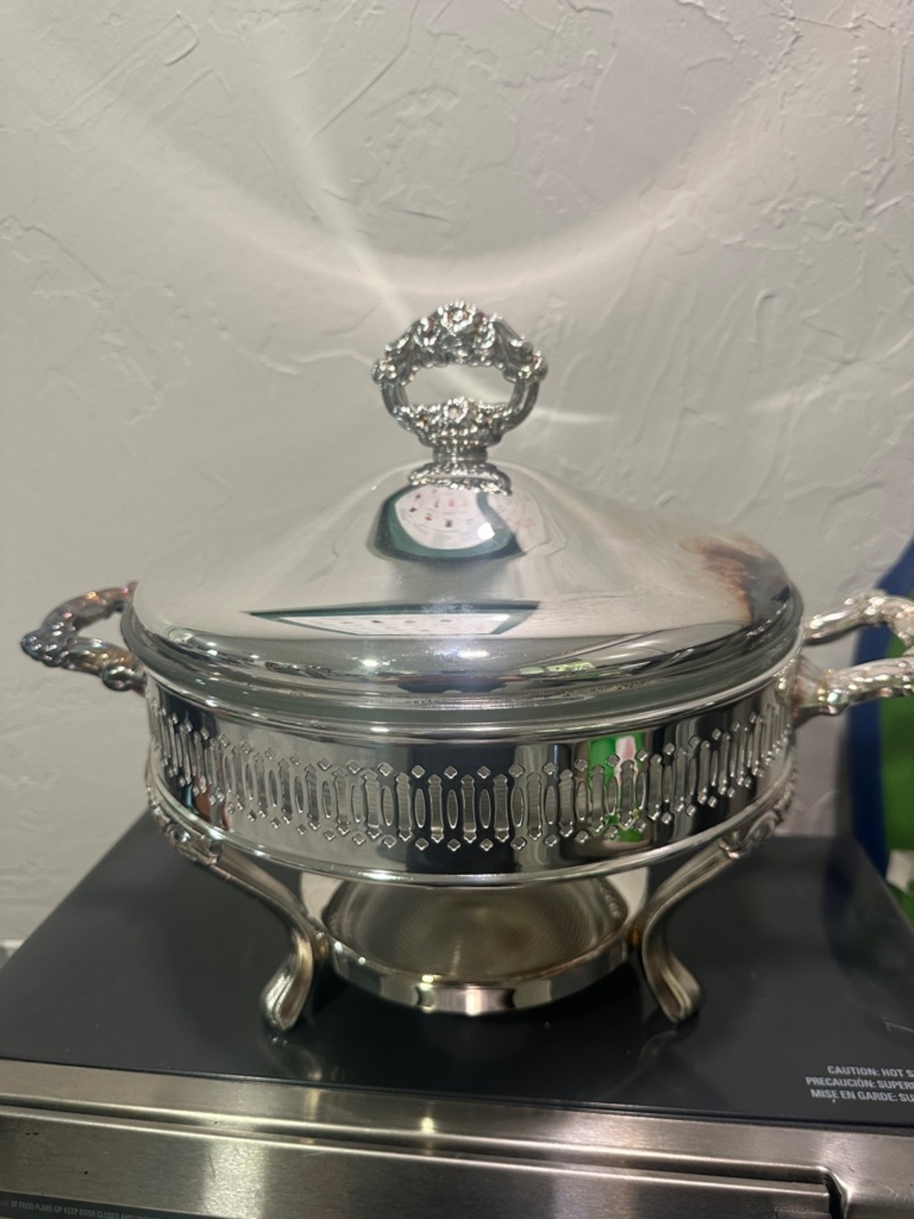 Silver Serving Chafing Dish with Ornate Handles and Lid